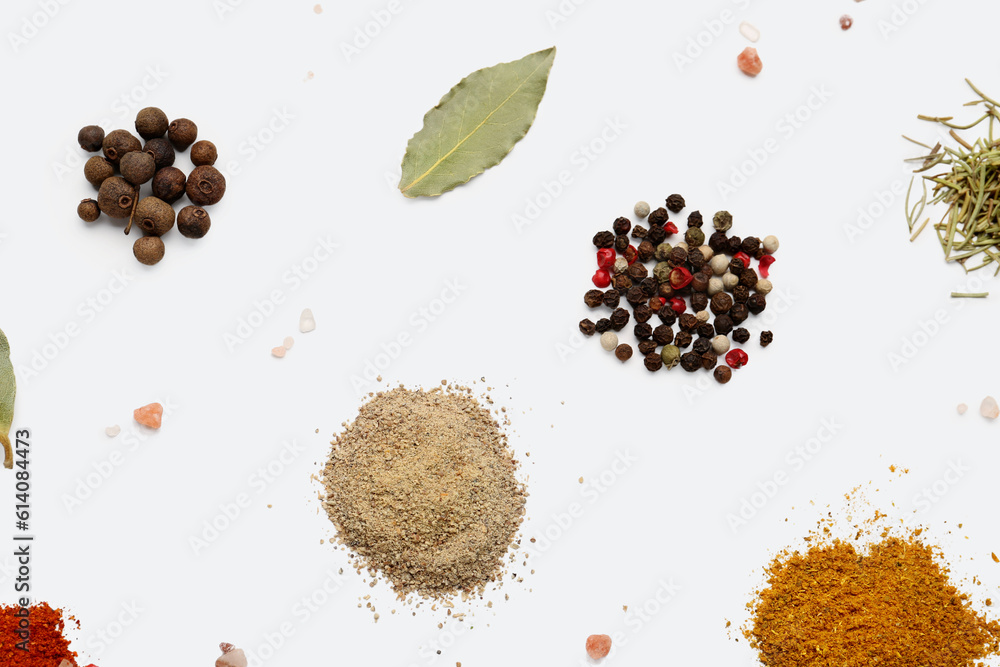 Heaps of aromatic spices on light background Heaps of aromatic spices on light background