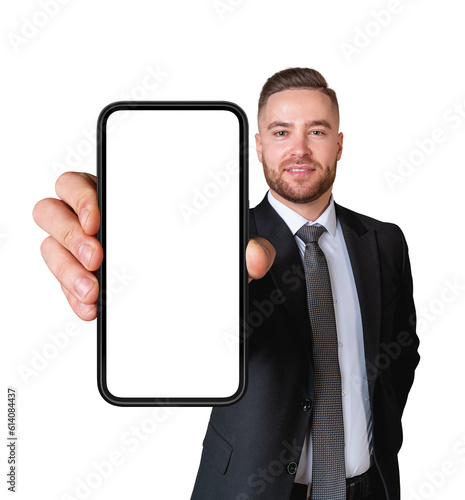 Φωτογραφία Smiling bearded businessman showing smartphone with blank screen, isolated