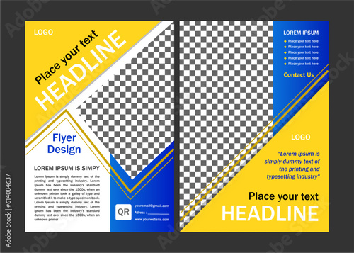 A headline template design or flyer design can also be used for a book cover or annual report with a blue and yellow concept and space for photos