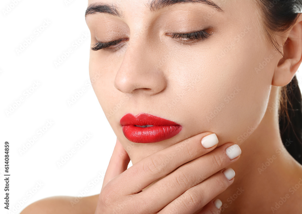 Fototapeta premium Woman with red lips on white background, closeup