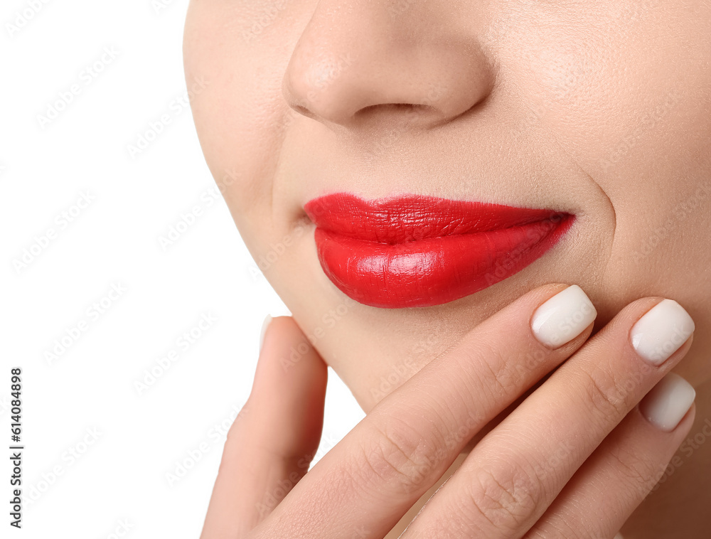 Naklejka premium Woman with red lips on white background, closeup