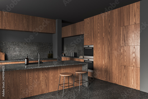 Gray and wooden kitchen corner with bar