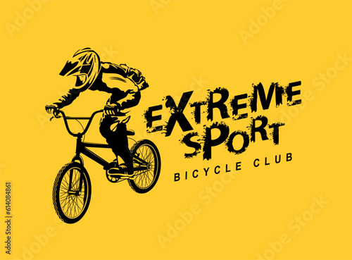 Extreme sport lettering and cyclist on the bike. Sport typography, t-shirt design, poster, banner, label, graphic print, graffiti, flyer, sticker for street race. Vector illustration in grunge style