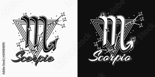 Monochrome icon of zodiac sign Scorpio with constellation with stars, text, triangle as alchemical symbol for water element. Horoscope esoteric elements. Vintage style.