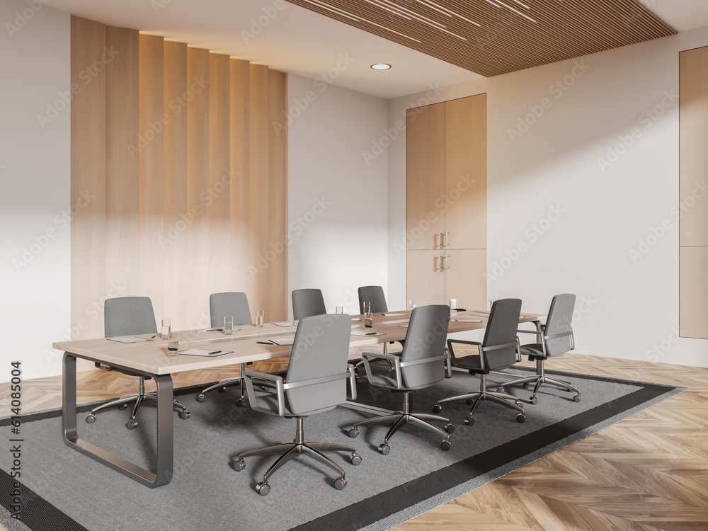 Stylish business room interior with board and armchairs, shelves and tools