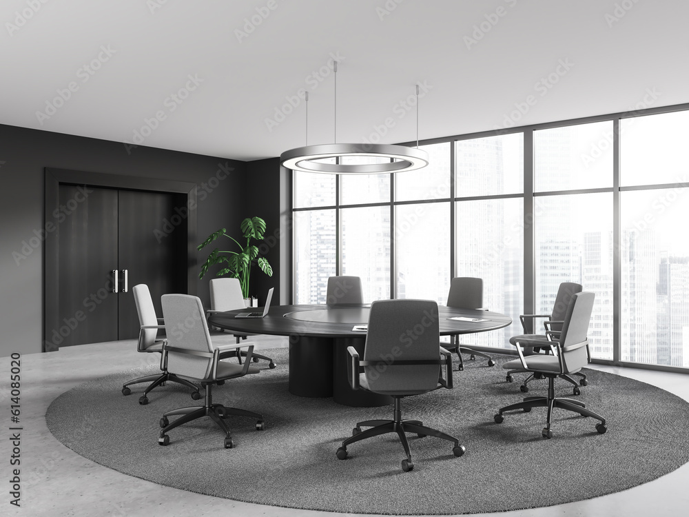 Fototapeta premium Gray meeting room interior with round table and door