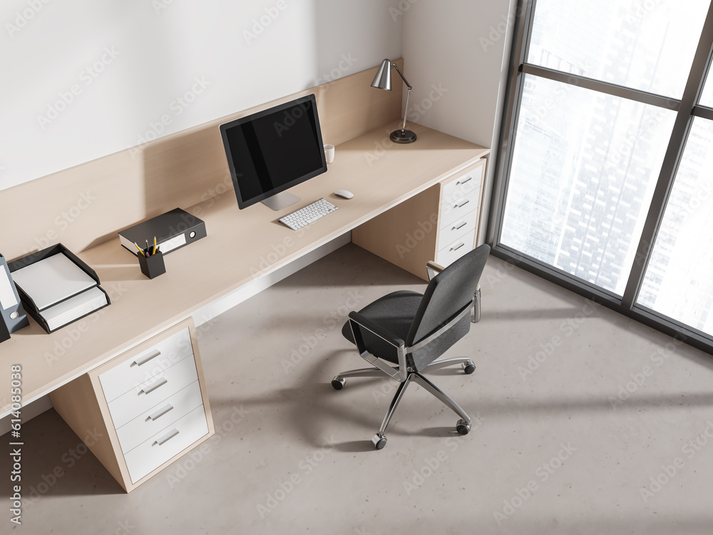 Top view of office interior with pc computer and shelves with window Top view of office interior with pc computer and shelves with window