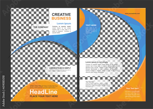 The headline template design or flyer design can also be used for book covers or annual reports with a full photo concept and an orange-blue design