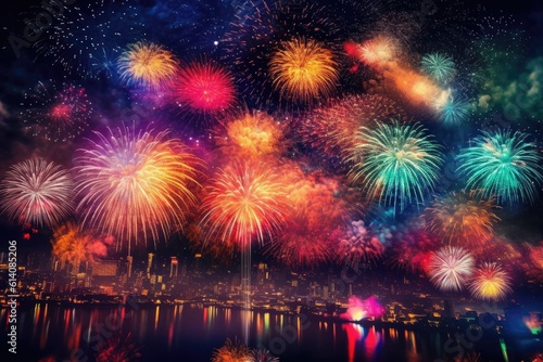 Colorful New Year's fireworks illuminating the night sky in a vibrant celebration - Generative AI