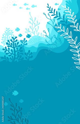 Illustration of background in a blue palette colours. Underwater marine life of a coral reef