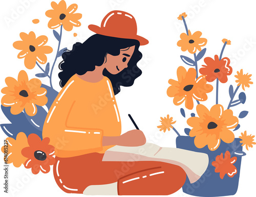 Print op canvas Hand Drawn Female artist sitting and drawing at the flower garden in flat style