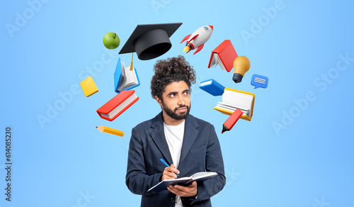 Thoughtful Arabic man college student with notebook and education icons