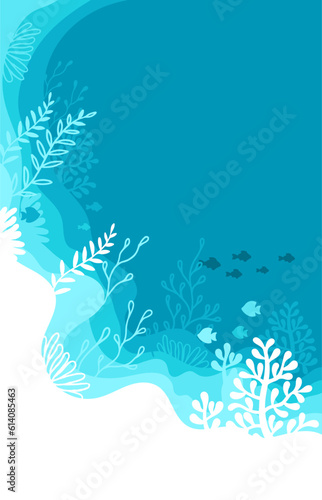 Illustration of background in a blue palette colours. Underwater marine life of a coral reef