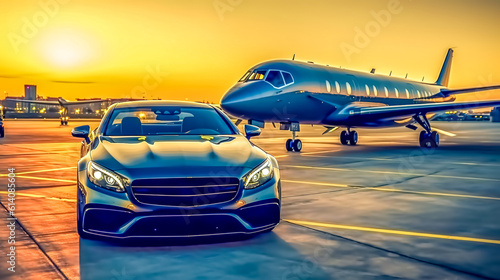 private luxury transport for rich vip people, limo and private jet, made with Generative AI © edojob