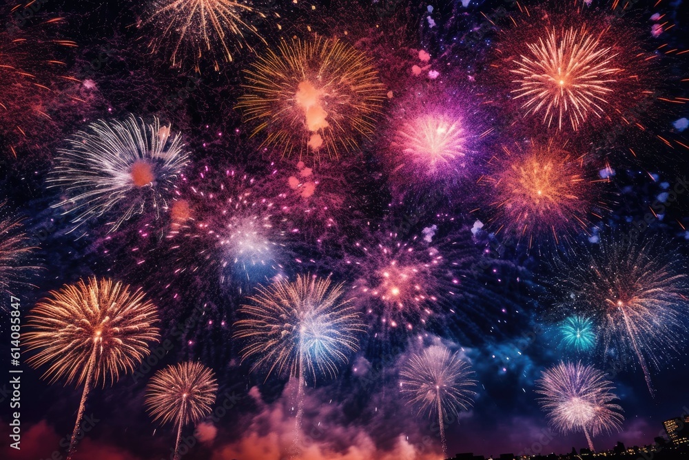 Spectacular fireworks display marking the start of a new year against a starry night backdrop - Generative AI