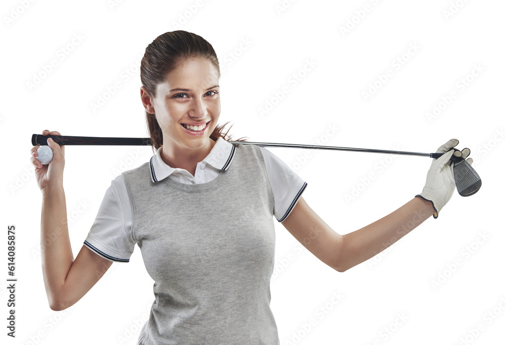 Golf club, happy and portrait of female athlete with a glove for sports tournament, game or competition. Fitness, professional and woman golfer with equipment isolated by a transparent png background Golf club, happy and portrait of female athlete with a glove for sports tournament, game or competition. Fitness, professional and woman golfer with equipment isolated by a transparent png background