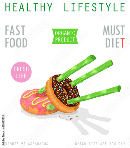 Healthy and unhealthy food. Asparagus stalks pierced donuts. Lifestyle concept the choice between fast food and healthy products. Vector poster