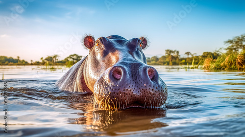 Fotografie, Obraz portrait of hippopotamus in water in nature, made with Generative AI