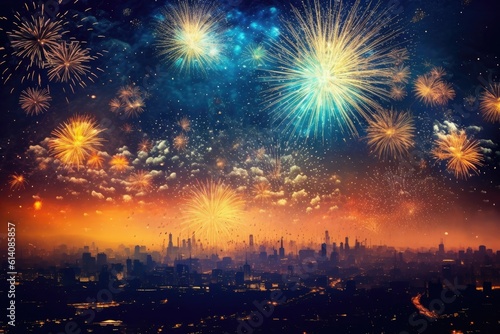 Spectacular fireworks display marking the start of a new year against a starry night backdrop - Generative AI © Hanjin