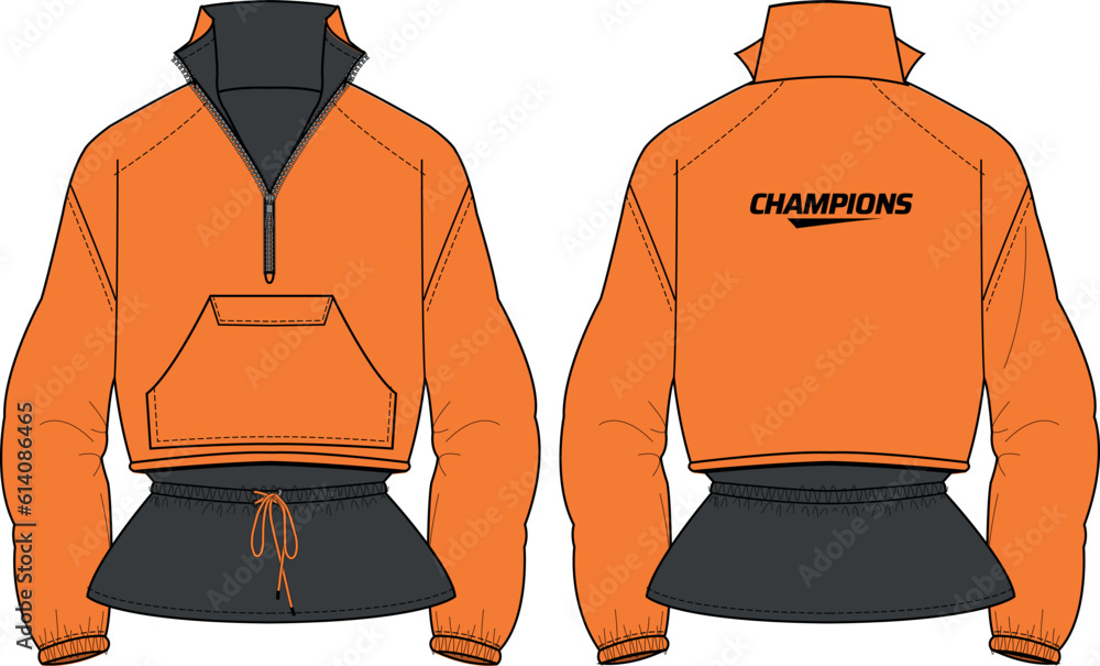 Women Long sleeve Anorak jacket design flat sketch illustration