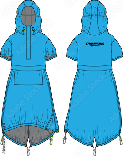 Women bike cagoule Anorak Hoodie jacket design flat sketch illustration, Raincoat Hooded jacket with front and back view, windcheater winter jacket for girl and women for bike riding