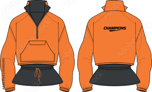 Women Long sleeve Anorak jacket design flat sketch illustration, soft shell popover jacket with front and back view, windcheater winter jacket for girl and women. for hiking and workout in winter.