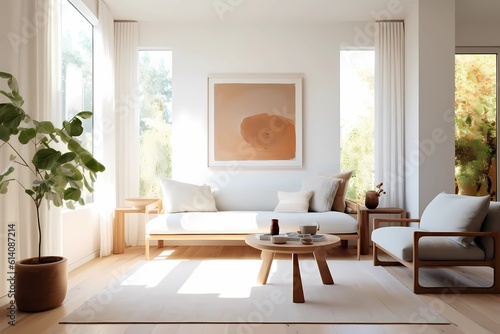 image of a minimalist living room with clean lines, neutral palette, and abundant natural light, simplicity, serenity, harmonious design, mindful living, airy atmosphere © Linus