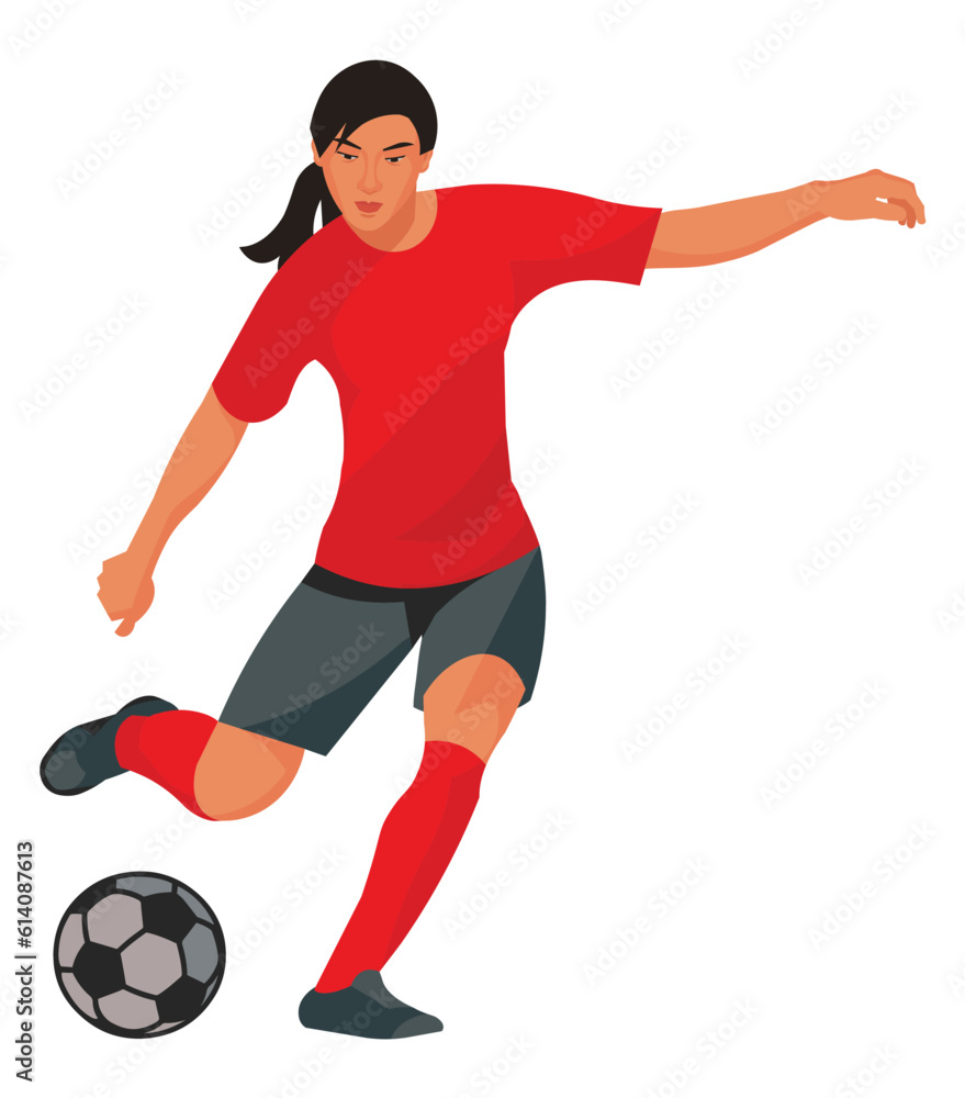 Chinese women's football girl player in a red sports uniform going to kick the ball with her foot