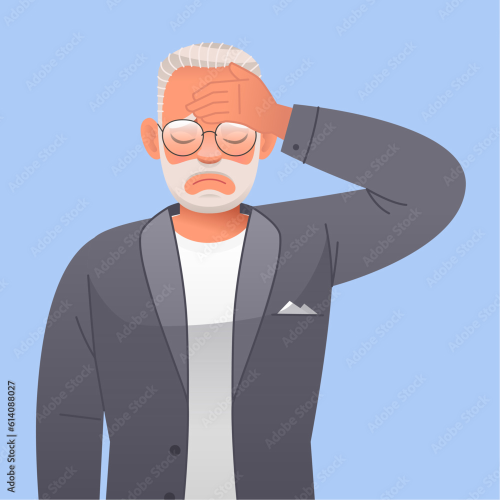The old gray-haired grandfather clutched his forehead in sadness. Sad elderly bearded man with glasses. The old gray-haired grandfather clutched his forehead in sadness. Sad elderly bearded man with glasses.