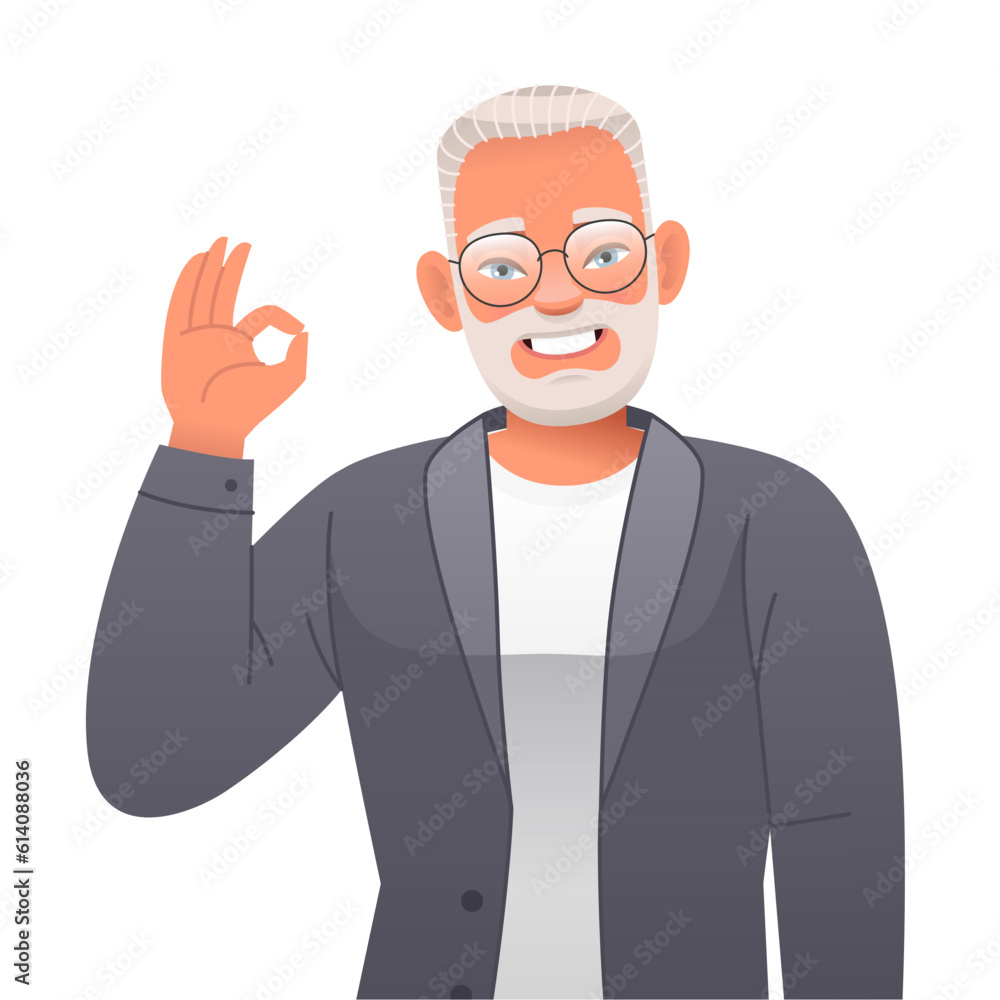 Smiling happy elderly bearded man in glasses shows ok gesture. Old gray-haired successful confident grandfather. Smiling happy elderly bearded man in glasses shows ok gesture. Old gray-haired successful confident grandfather.