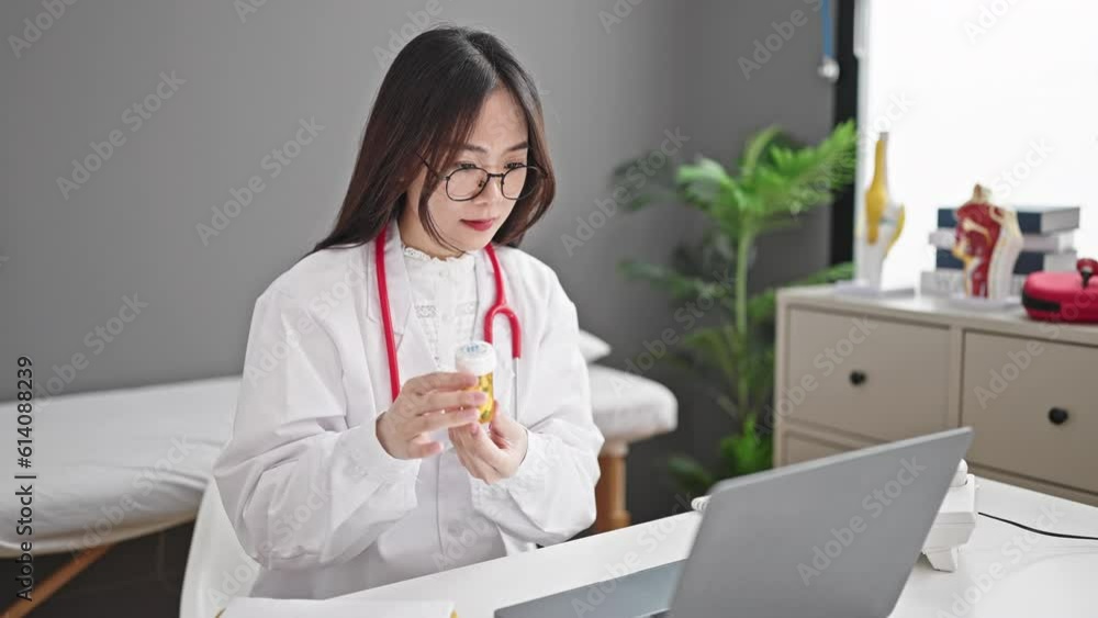 Young chinese woman doctor having video call prescribe pills treatment at clinic Young chinese woman doctor having video call prescribe pills treatment at clinic