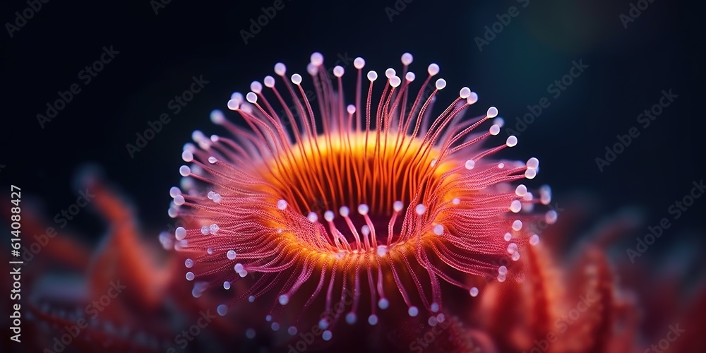 Fototapeta premium Wonderful aquatic life in ocean seabed. Anemone. Coral reef design. Generative AI. Illustration for banner, poster, cover, brochure or presentation.