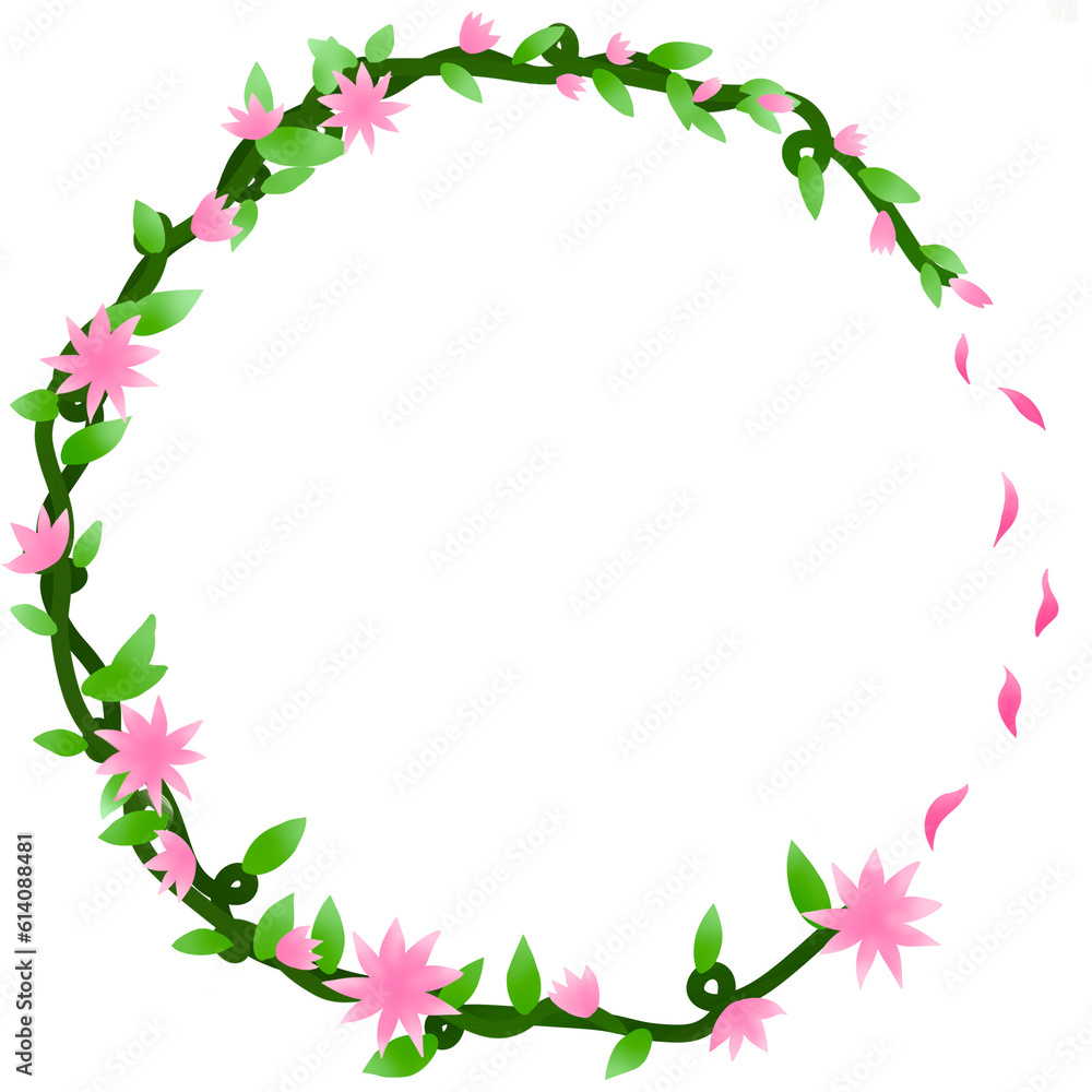 A circular frame surrounded by vine leaves and flowers. Pink flowers