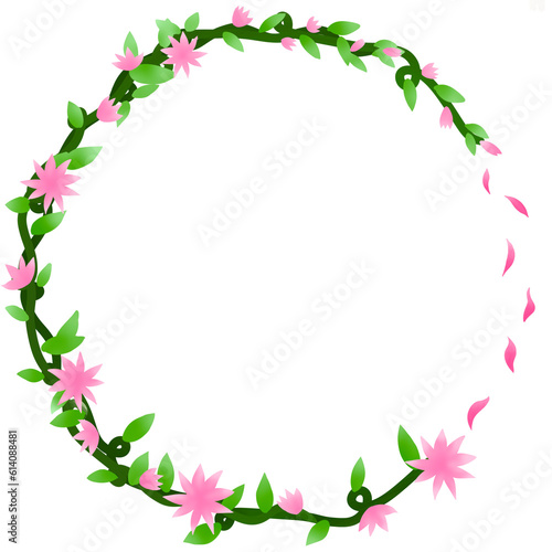 A circular frame surrounded by vine leaves and flowers. Pink flowers © Sunisa
