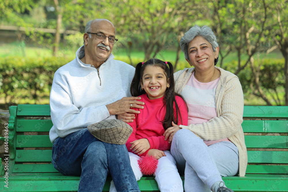 Grandparents enjoying with grand daughter in park surrounded with greenery and serenity. They are having joyful and cheerful time together in lush green environment. Loads of smile and happy moments. Grandparents enjoying with grand daughter in park surrounded with greenery and serenity. They are having joyful and cheerful time together in lush green environment. Loads of smile and happy moments.