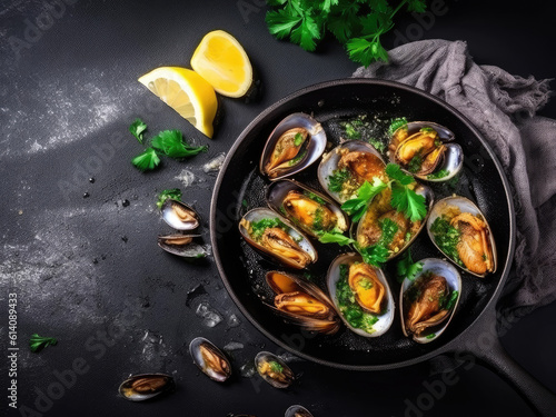 Fried mussels with garlic, parsley, lemon and spices on a black stone background