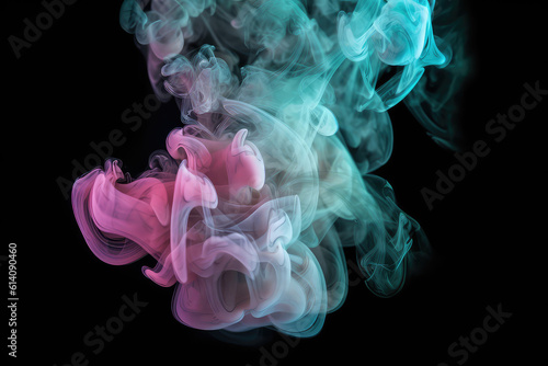 Detailed close-up of pink and mint blue smoke clouds. Colorful smoke steam isolated on a black flat background. Creative vaping wallpaper. Generative AI macro photo imitation.