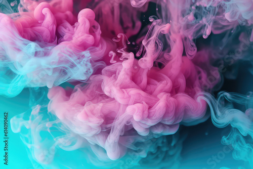 Detailed close-up of pink and mint blue smoke clouds. Colorful smoke steam on a blue flat background. Creative vaping wallpaper. Generative AI macro photo imitation.