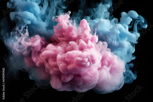 Detailed closeup of pink and mint blue smoke clouds. Colored smoke steam on a black flat background. Creative vaping wallpaper. Generative AI macro photo imitation.