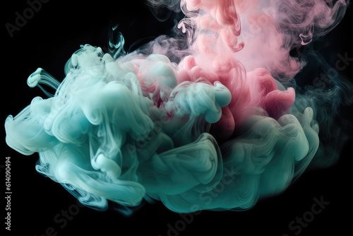 Detailed close-up of beautiful pink and mint blue smoke clouds. Colorful smoke steam on a black flat background. Creative vaping wallpaper. Generative AI macro photo imitation.