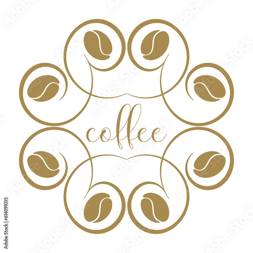Golden coffee beans, coffee logo.