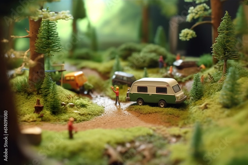 A miniature model of a camper van in a forest. Generative AI.