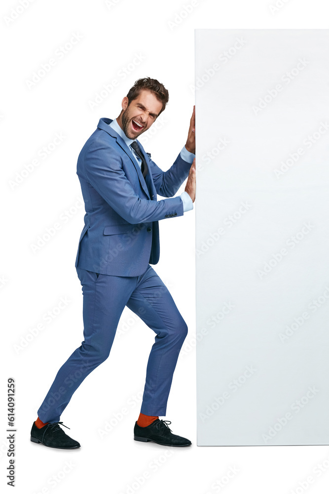 Moving, portrait or businessman pushing wall with power isolated on transparent png background. Worker, suit or entrepreneur walking to move heavy problem, challenge or barrier with physical effort