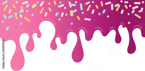 Pink soft ice cream, splashes of sweet candies, long border, seamless banner pattern, vector white background