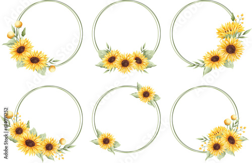Watercolor Illustration set of beautiful sunflower wreath frame