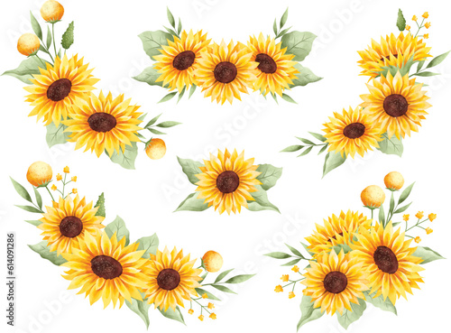 Watercolor Illustration set of beautiful sunflower and leaves