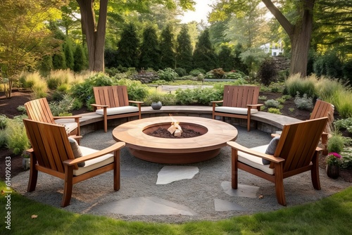 Semi-circular bench round fire backyard. Generate Ai