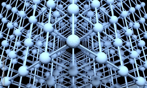 crystal lattice of conditional molecules and their bonds on a dark background. 3D image
