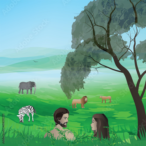 Adam and Eve stand in the garden of Eden. There are different animals in the background.  Illustration of first man and woman. Biblical vector illustration series. 