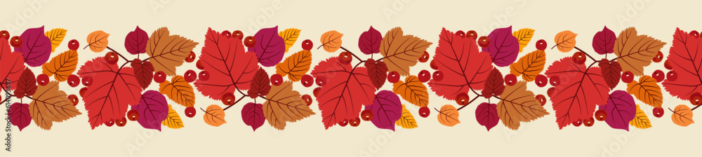 Fototapeta premium Autumn leaf fall horizontal border. Thanksgiving and Harvest. Seamless pattern with colorful leaves and berries. Vector illustration